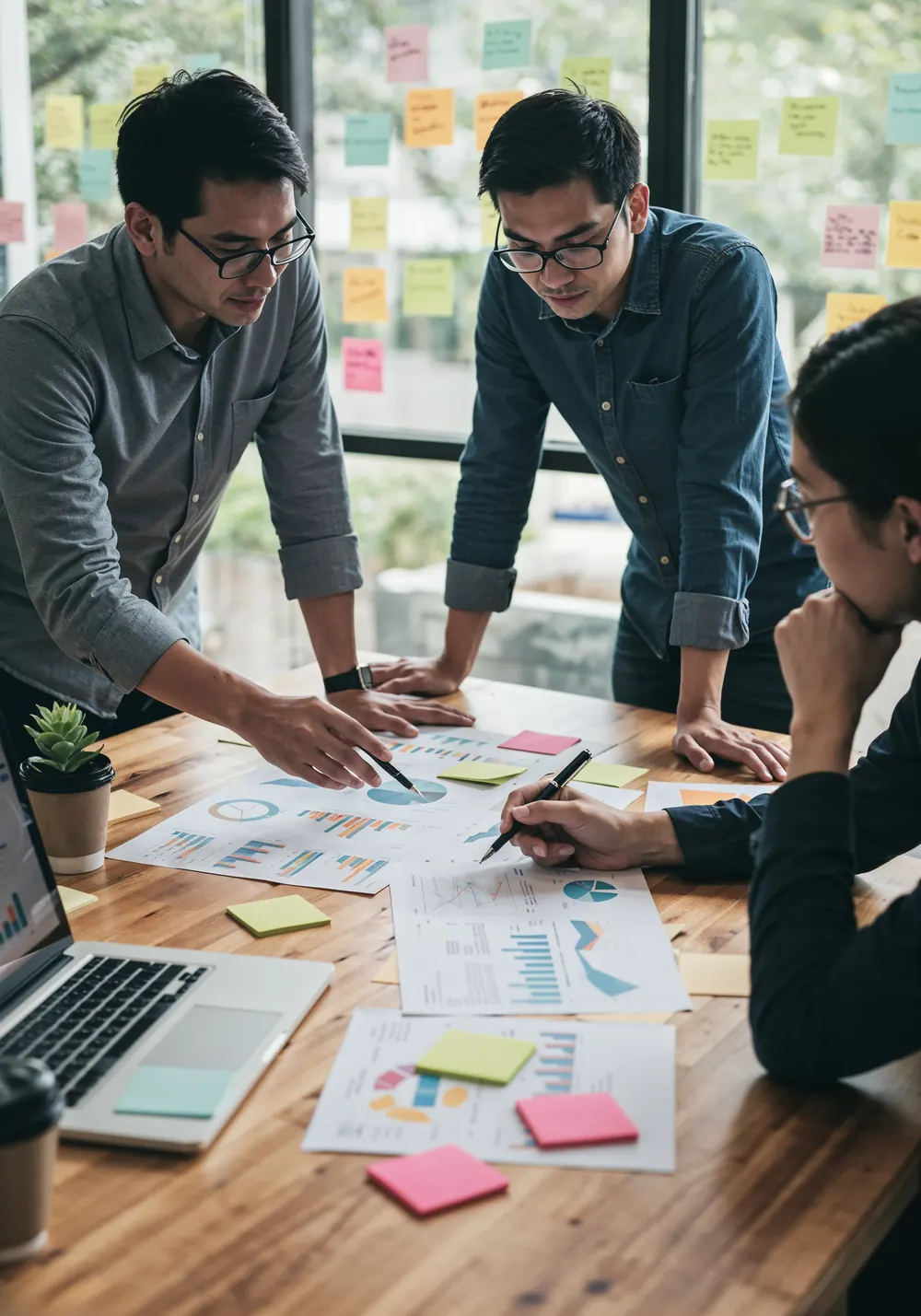 A team planning a marketing campaign over printed charts and sticky notes
